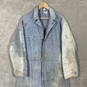 Vtg 60s Blue Bell Wrangler HBT Hickory Stripe Coveralls Bibs Distressed Fade XL